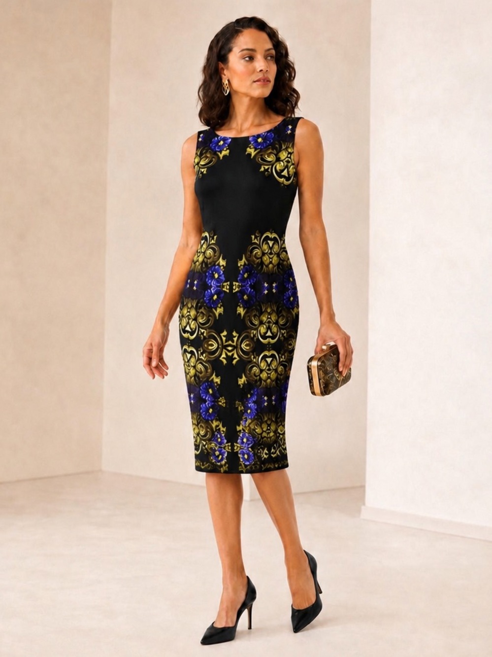 Joseph Ribkoff Baroque Floral Lined Bodycon Midi Dress Made in Canada Size 10